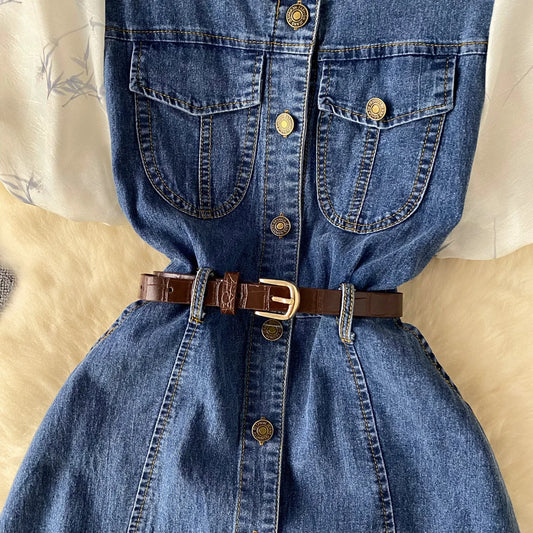 Short-sleeved Single-breasted Denim Dress.Women's Summer New Style Design Sense Square Collar Bubble Sleeve Splicing Long Dress