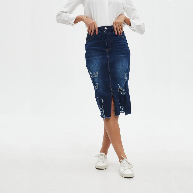 ZMTUO Dark Blue Denim Midi Skirt High waisted Distressed Slit Detail Women's Fashion Trendy Casual Look Street style