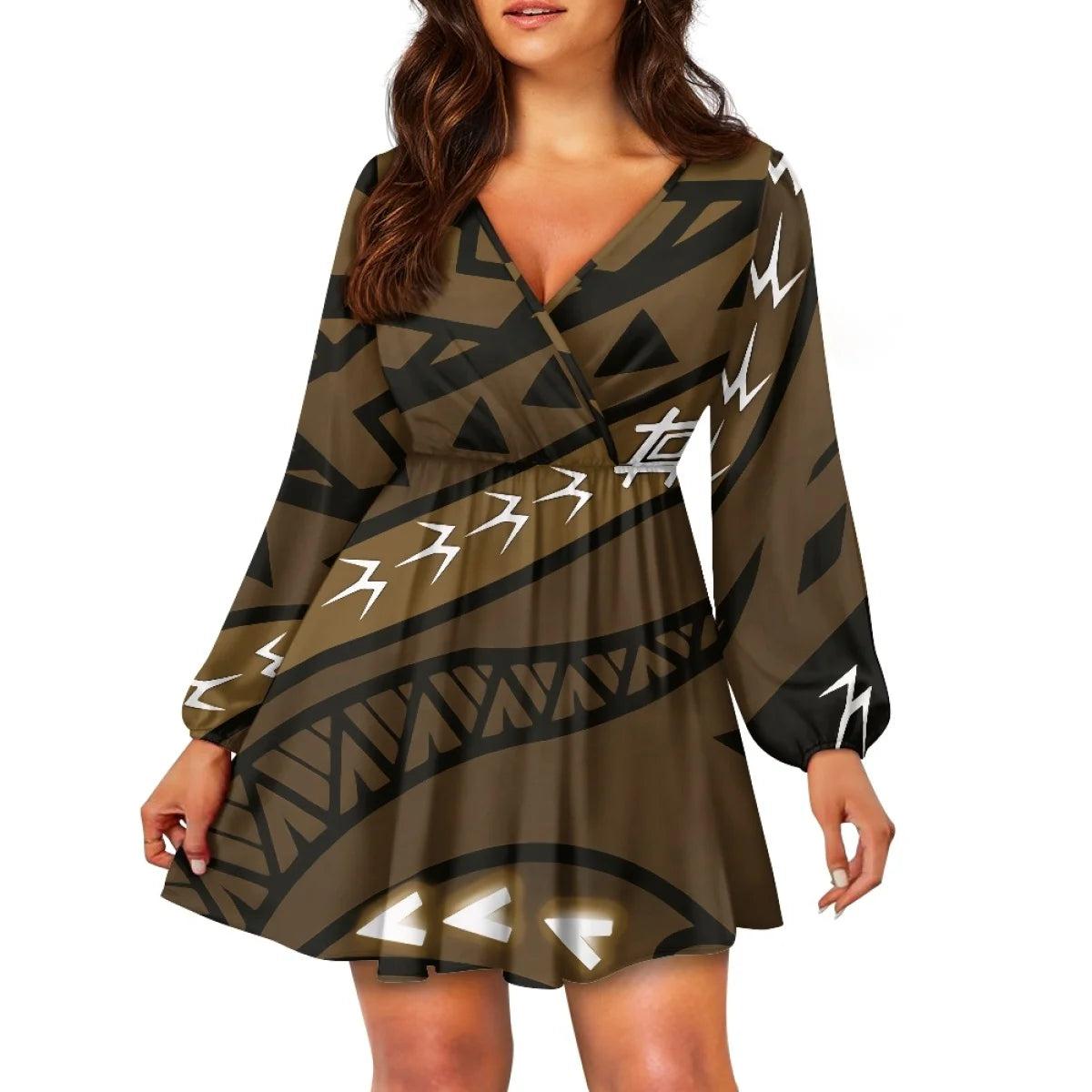 Teal Polynesian Tribal Design V Neck Dress Samoa Puletasi Plus Size Women's V Neck Dress Custom Island Style
