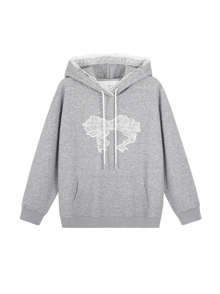 GIBSIE Plus Size Embroidered Lace Thickened Fleece Hoodies Women 2024 New Winter Kangaroo Pocket Casual Warm Sweatshirts Top