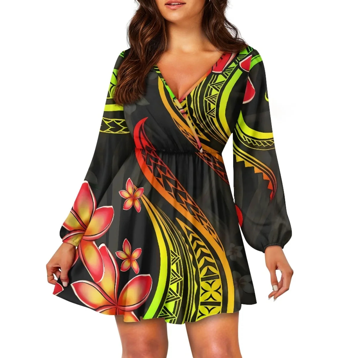 Teal Polynesian Tribal Design V Neck Dress Samoa Puletasi Plus Size Women's V Neck Dress Custom Island Style