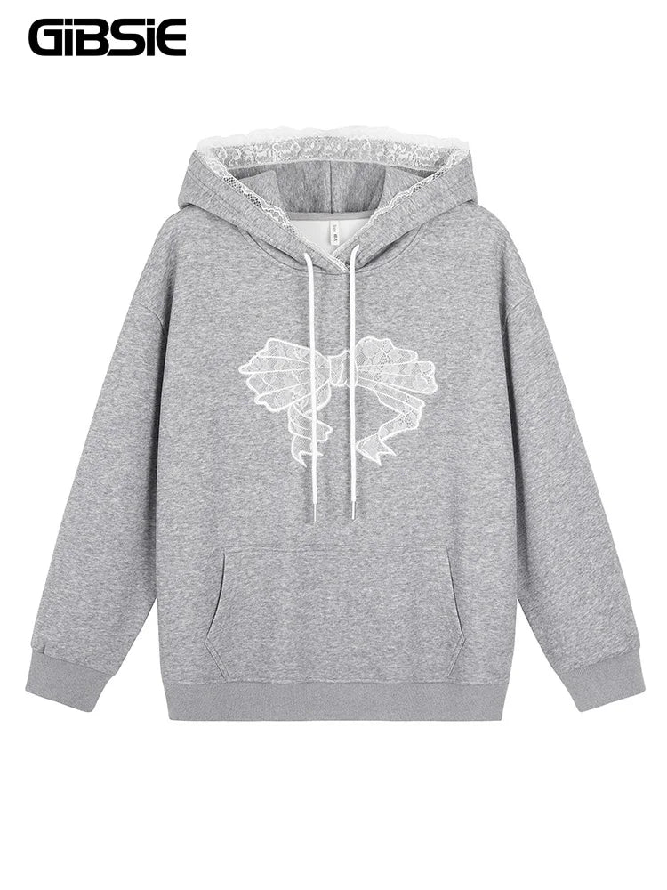 GIBSIE Plus Size Embroidered Lace Thickened Fleece Hoodies Women 2024 New Winter Kangaroo Pocket Casual Warm Sweatshirts Top