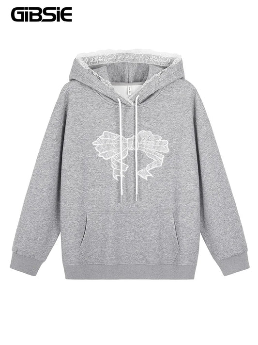 GIBSIE Plus Size Embroidered Lace Thickened Fleece Hoodies Women 2024 New Winter Kangaroo Pocket Casual Warm Sweatshirts Top