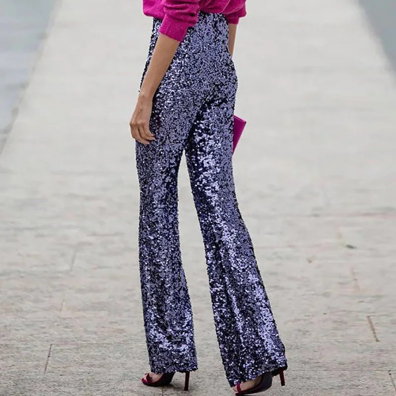 Party Night Clubwear Black Sequined Trousers Women Summer High Waist Slim Flare Pants Streetwear Casual Femme Glitter Long Pants