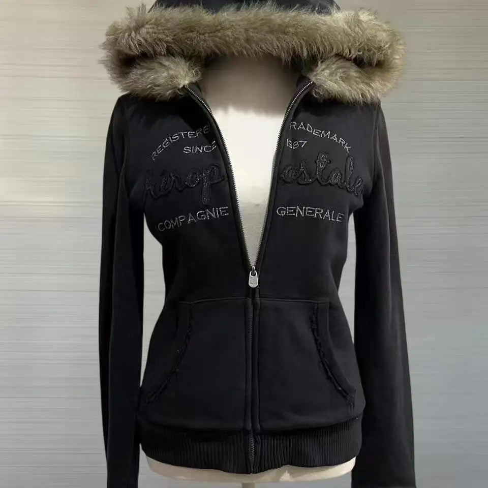 Vintage Letter Fur Collar Hooded Sweatshirt Autumn Winter Zipper Y2K Retro Fleece Jacket Harajuku Embroidery Plush Dark Fashion