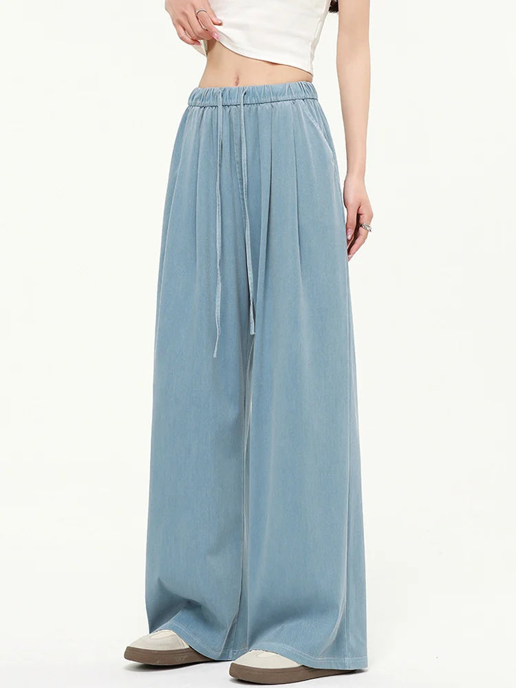 Summer Thin Lyocell Jeans Women Elastic Waist Ice Silk Wide Leg Denim Pants Pink Baggy Jeans For Women Summer Loose Trousers