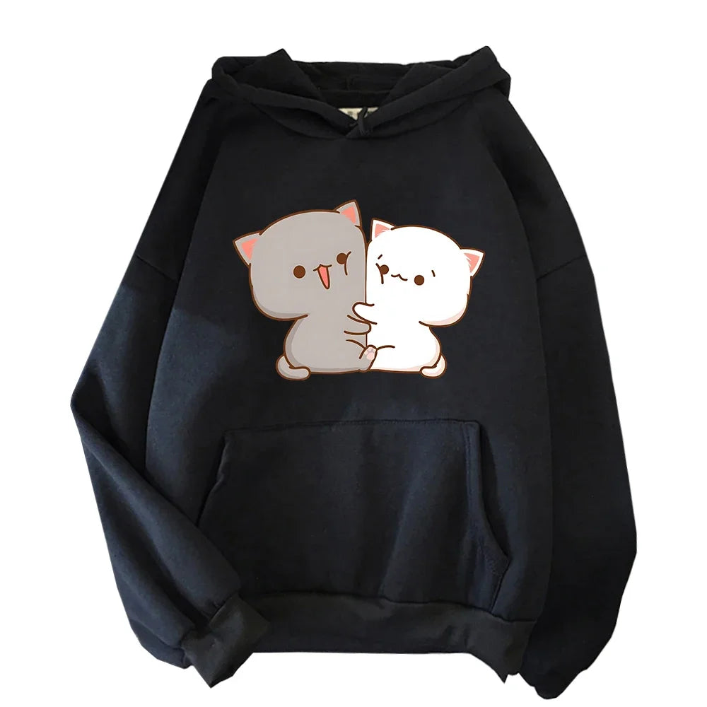 Kawaii Cat Hoodie Peach Funny Cute Sweatshirts Cartoon Print Clothing Women Aesthetic Spring Winter Pink Top Girls Hooded Female