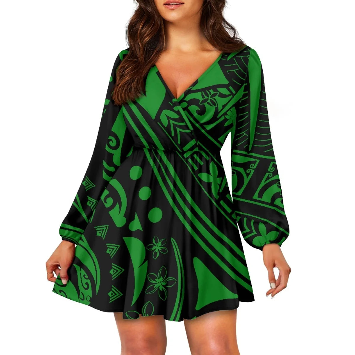 Teal Polynesian Tribal Design V Neck Dress Samoa Puletasi Plus Size Women's V Neck Dress Custom Island Style