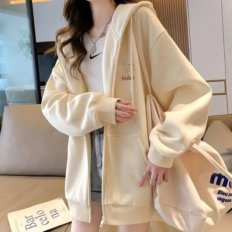 2024 spring, autumn and winter new lazy wind loose long-sleeved top embroidered pattern hooded sweater girls cardigan jacket