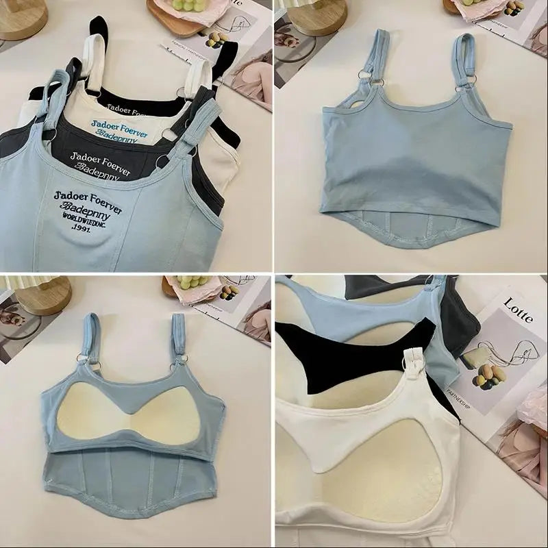 1pc Letter Print Cotton Women Small Breast Bras Hot Girls Wear Casual Slim Underwear Padded Camisole Top