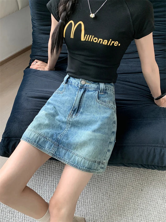 Y2K 2025 Summer Women's Jeans Skirt - Light Blue High Waist Denim Bodycon Mini Skirt with Lining Clubwear 2497