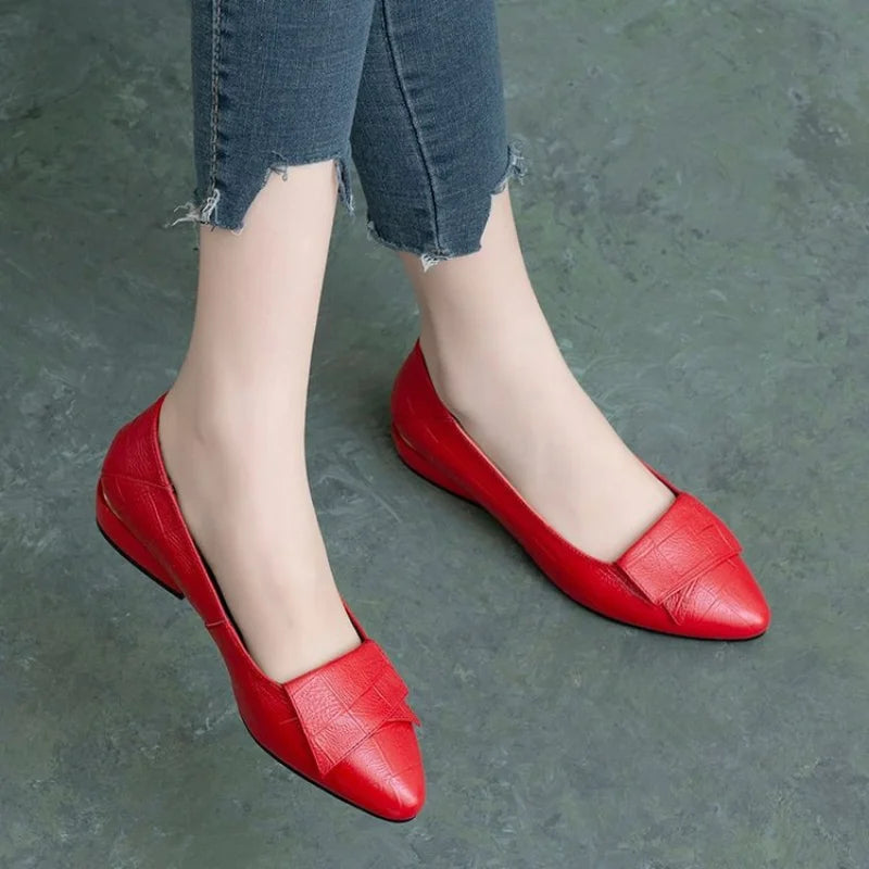 2025 New Summer Women's Flat Shoes Soft Leather Work Shoes Pointed Thick Heel Casual Womens Shoe Handmade Footwear Buty Damskie