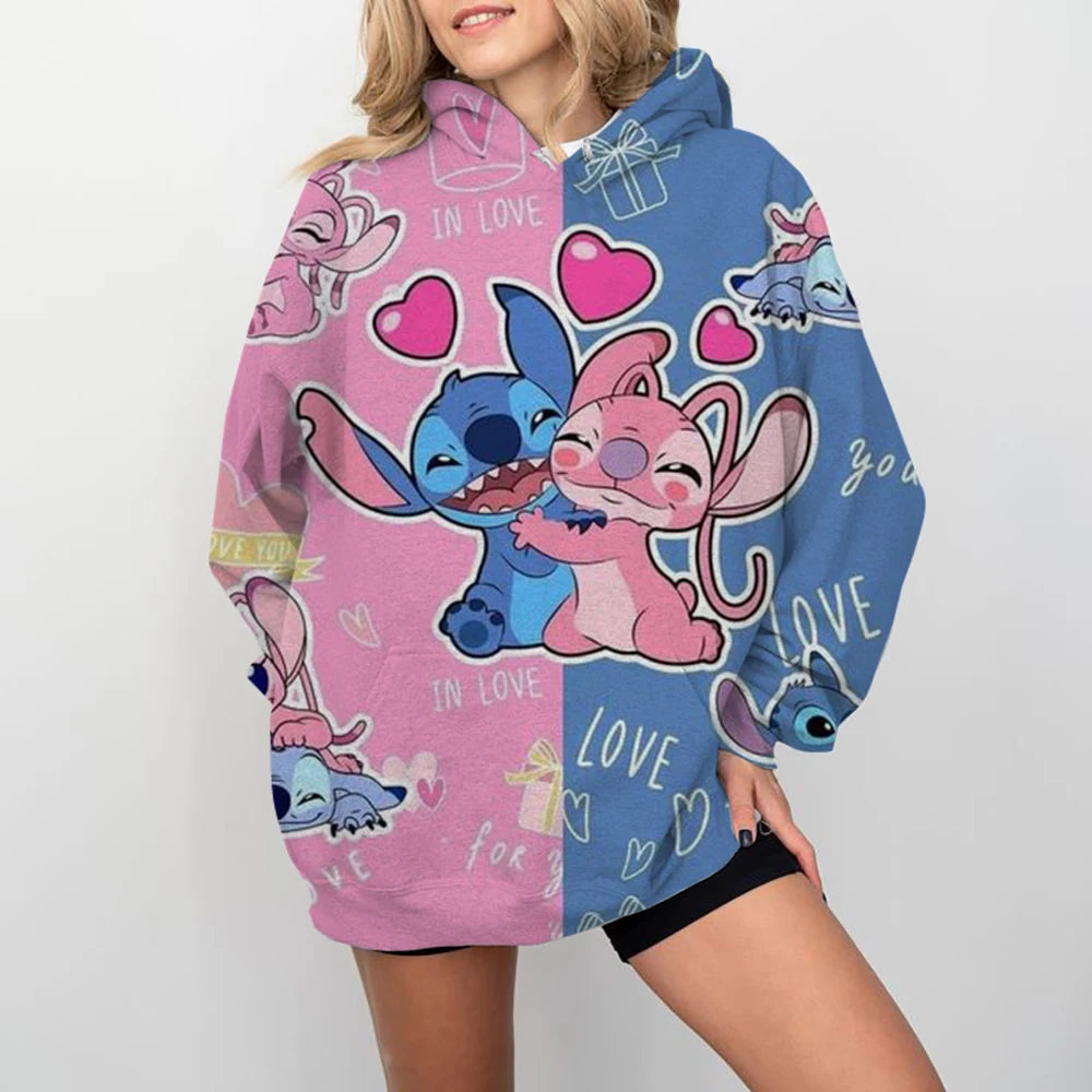 Disney-Women's Stitch Print Hoodie, Anime, Moletom Extragrande, Loose, Crewneck, Pullover, Women's Hoodie