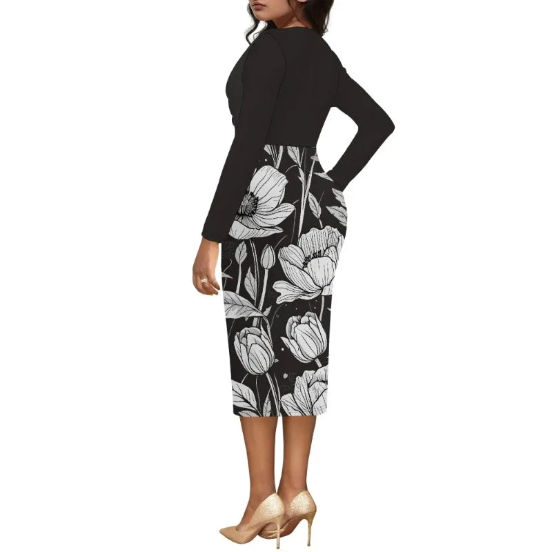 Womens Midi Dresses Church Dresses Long Sleeve Bodycon Cowl Neck Pencil Dress