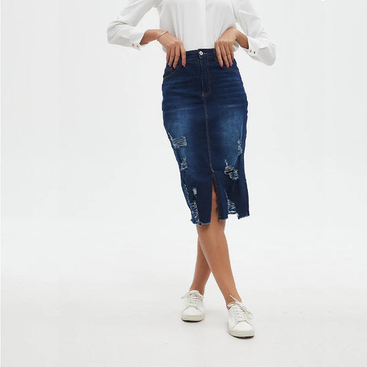 ZMTUO Dark Blue Denim Midi Skirt High waisted Distressed Slit Detail Women's Fashion Trendy Casual Look Street style