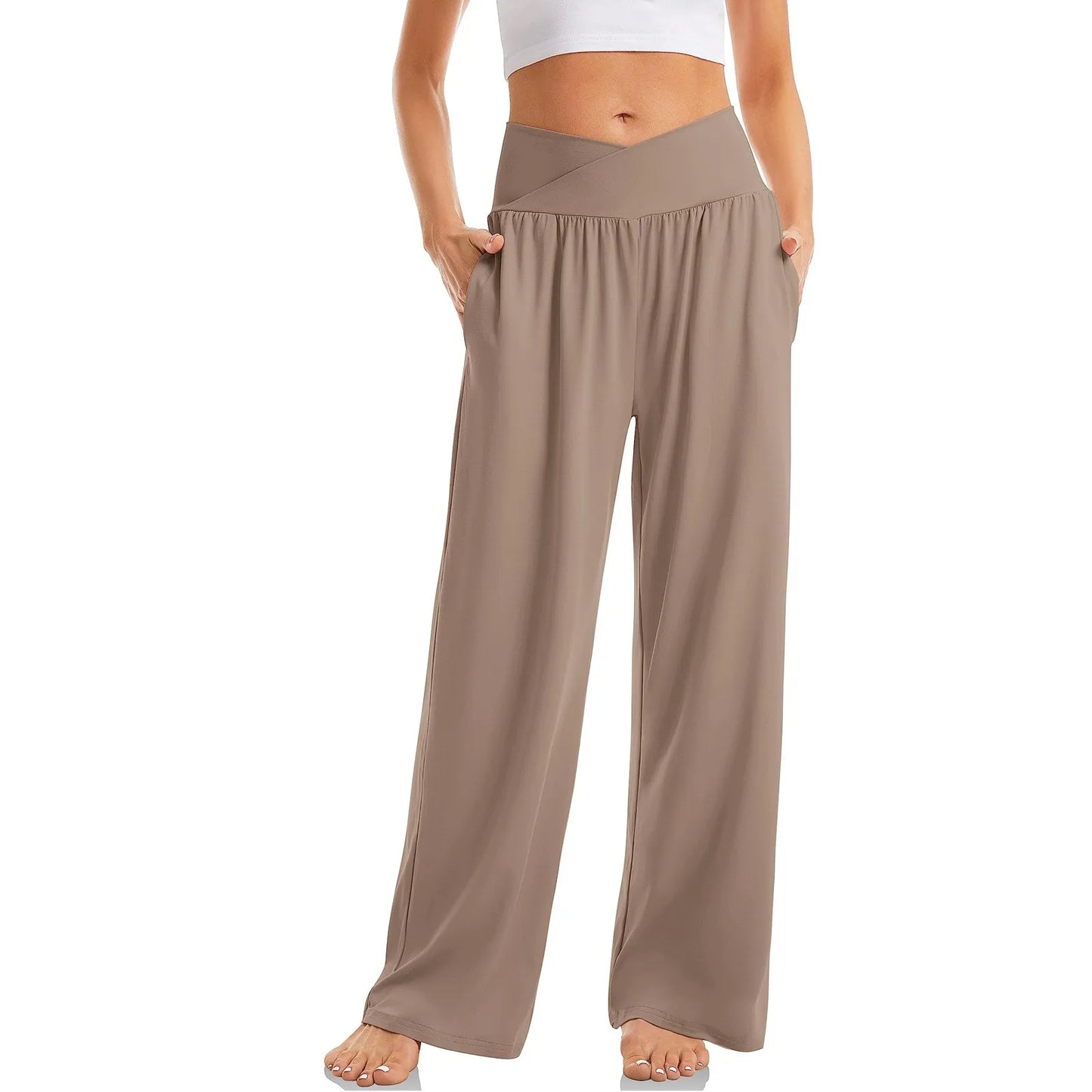 Women's High Waist Solid Color Casual Comfortable Elastic Waist Straight Trousers Wide Leg Sports Long Pants With Pockets