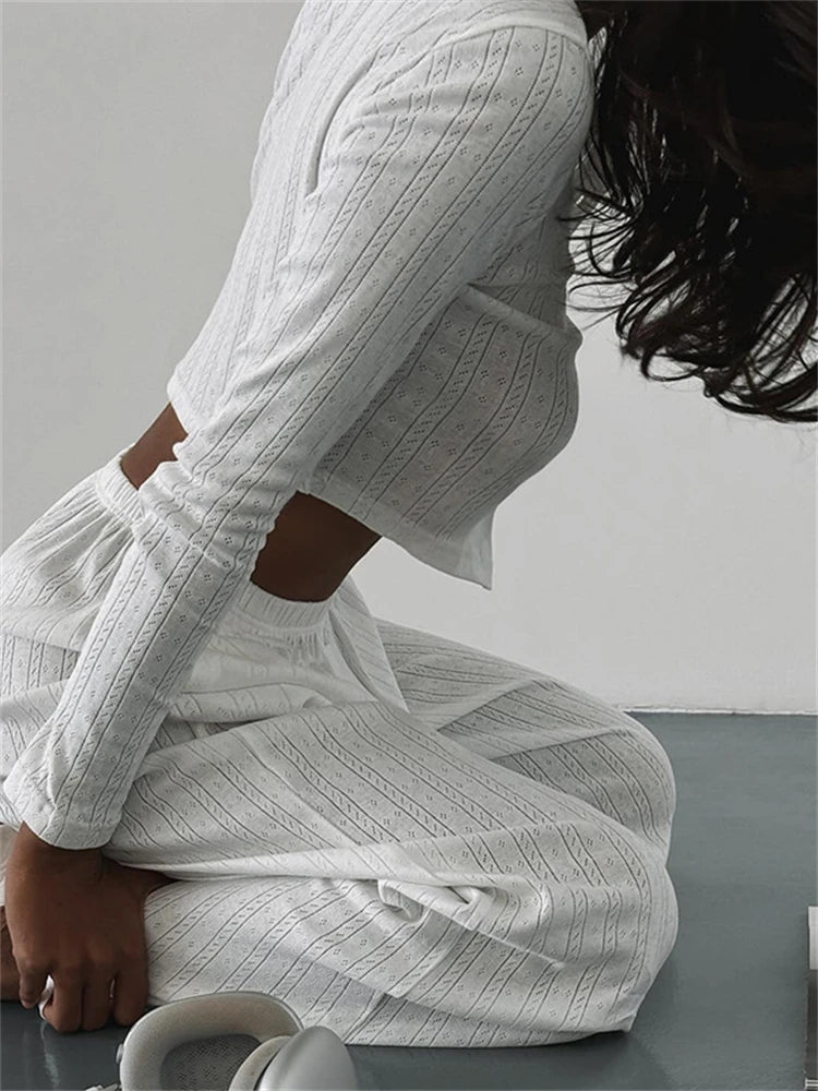 Absobe Pajamas Homewear Hollow Pants Casual Suit Women's Matching Sets Buttons Crop Cardigan Top Loose Trousers Autumn 2024 New