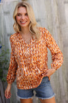 Perfectly You Rust Satin Button-Down V Neck Elastic Sleeve Blouse