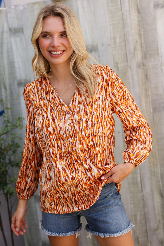 Perfectly You Rust Satin Button-Down V Neck Elastic Sleeve Blouse
