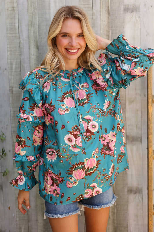 Find Love Aqua Satin Frill Neck Front Tie Ruffle Long Sleeve Blouse